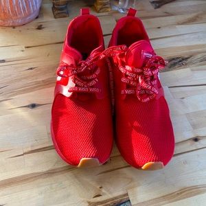 Red athletic shoe usps polo shoe